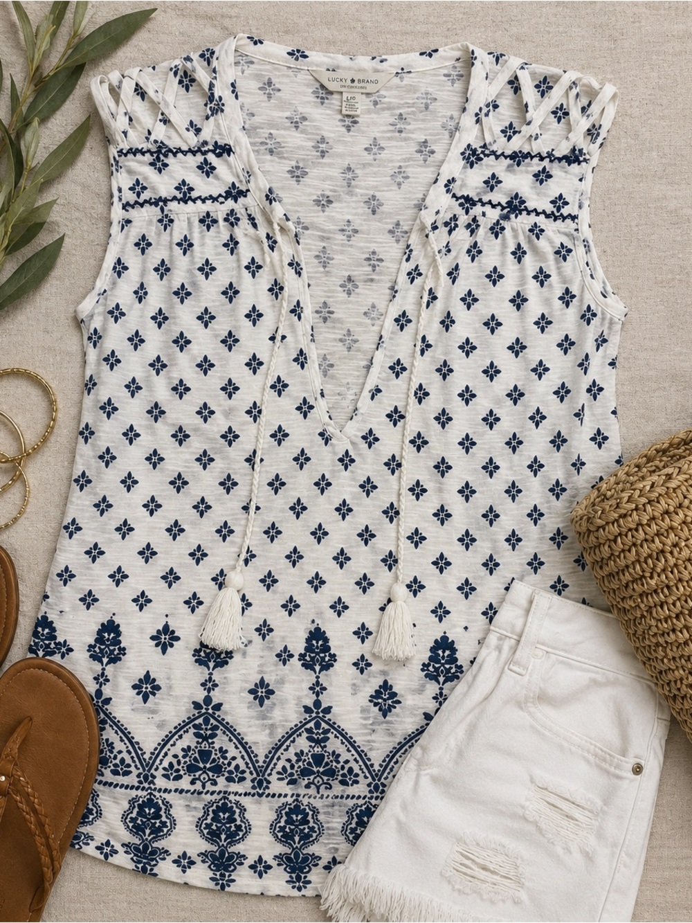 Lucky Brand White Sleeveless Tassel V-Neck Top with Navy Print
